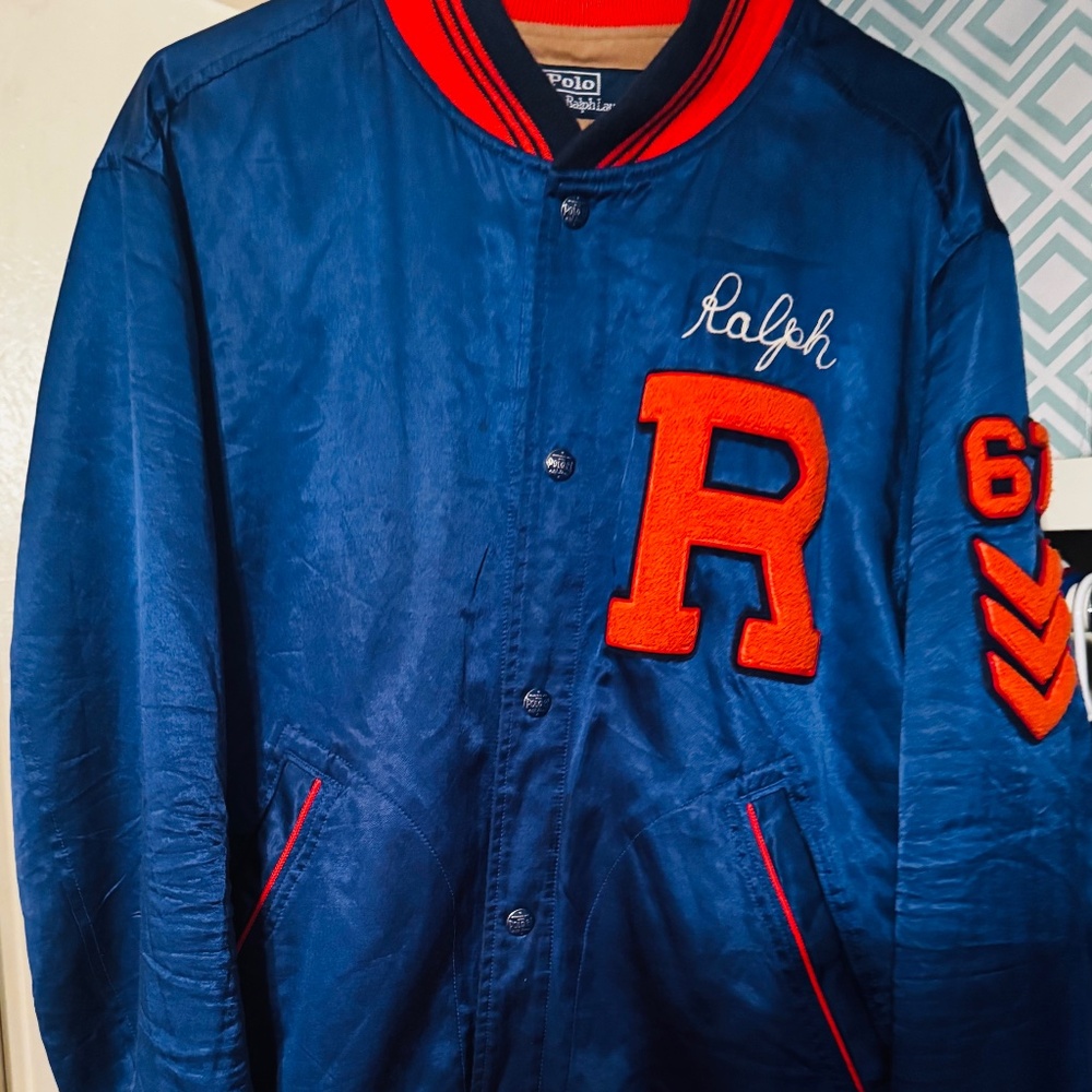 Mens Polo Ralph Lauren Satin Letterman Jacket Blue Yacht New